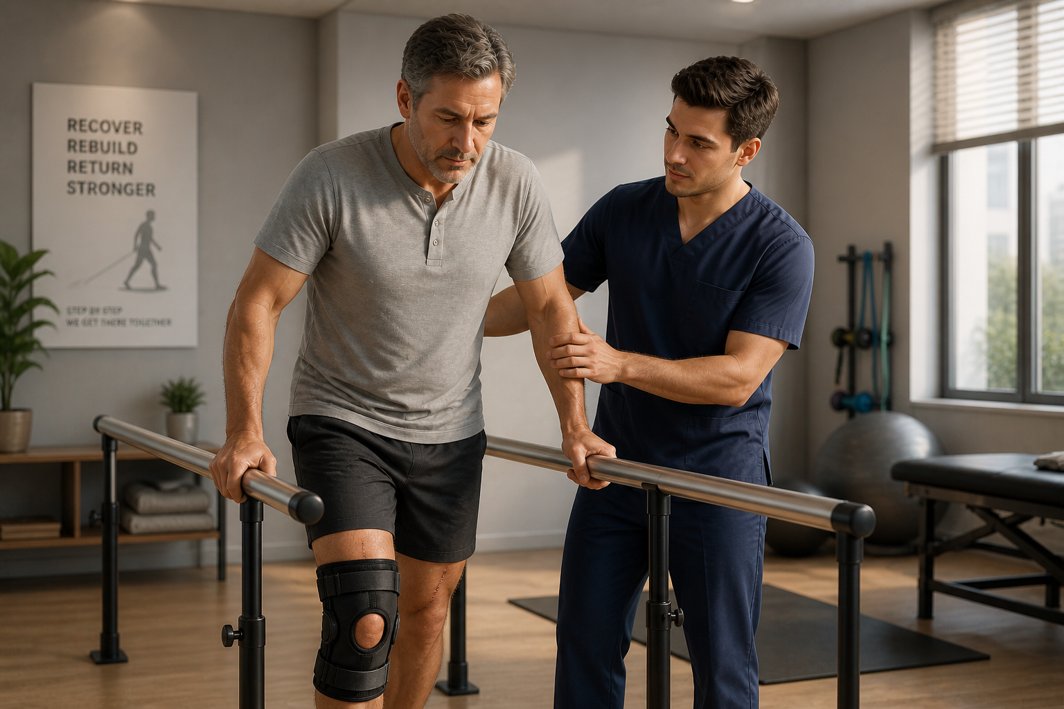 Post-surgery patient undergoing rehabilitation physiotherapy session